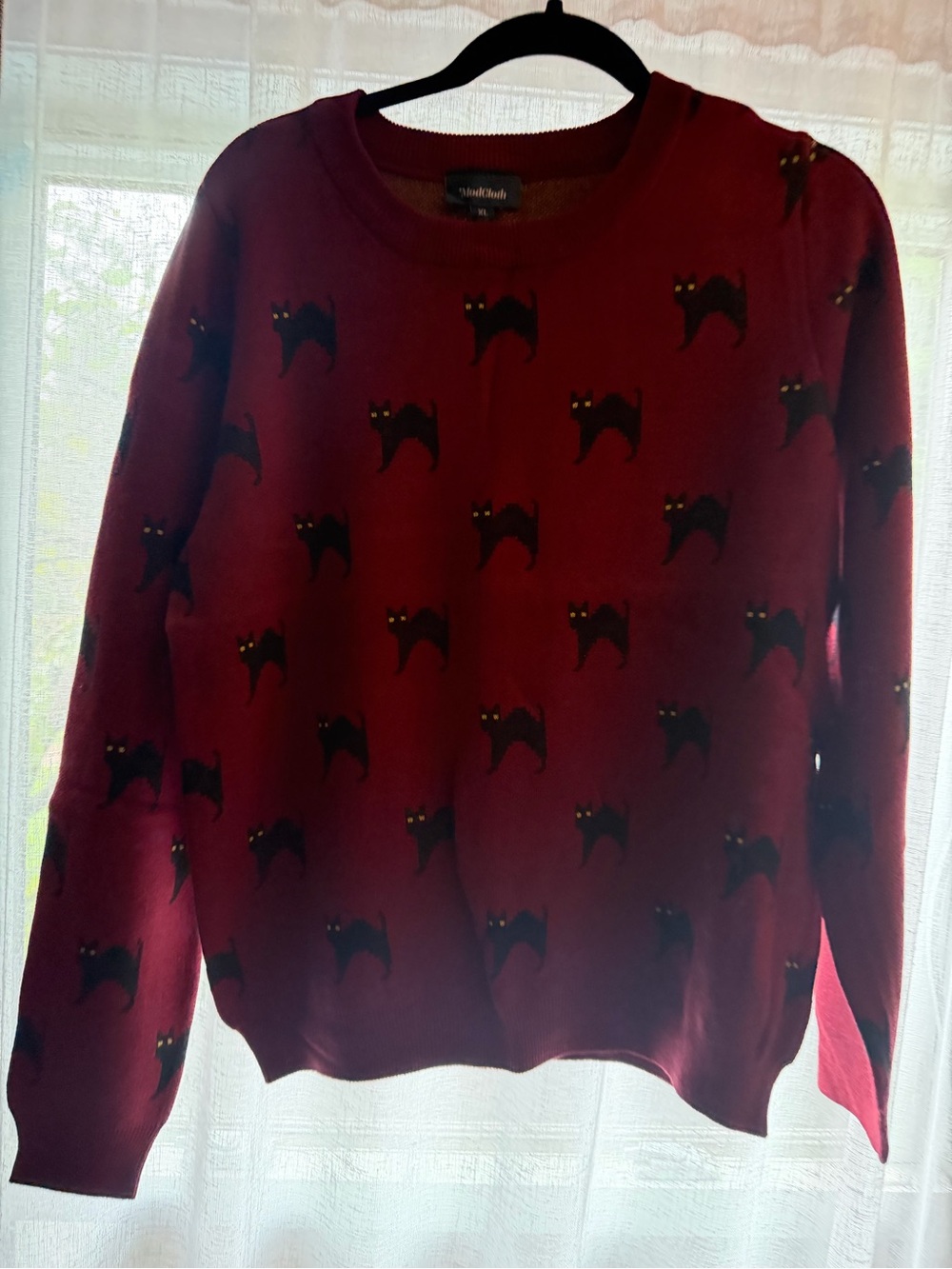 Modcloth Burgundy Crewneck Sweater with Black Cat Motif
